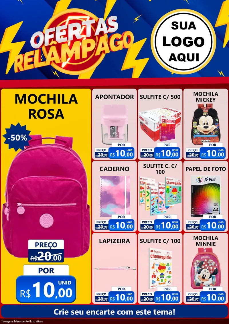 Modelo de Encarte para Encarte A4 Vertical com o tema Ofertas Relâmpago para Papelaria
