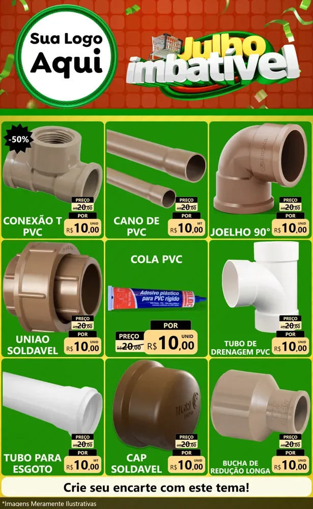 Modelo de Encarte para Encarte Grande com o tema Julho Imbatível para Tubos e conexões