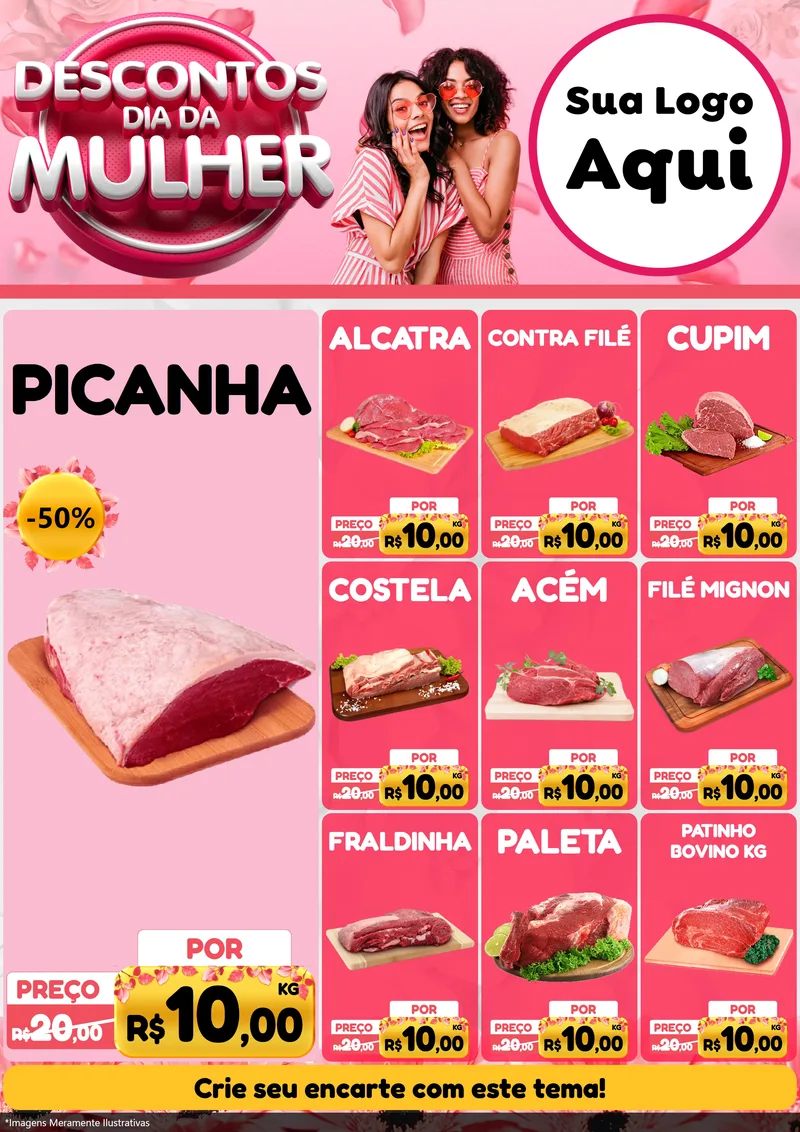 Modelo de Encarte para Encarte A4 Vertical com o tema Descontos Dia da Mulher para Açougue