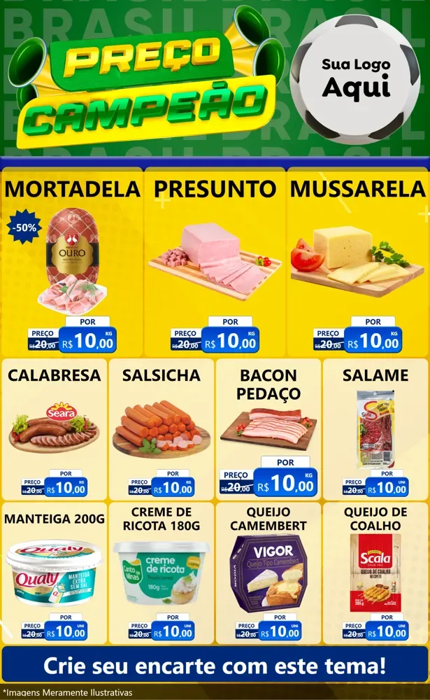 Modelo de Encarte para Encarte Grande com o tema Preço Campeão - Copa para Frios e Laticínios
