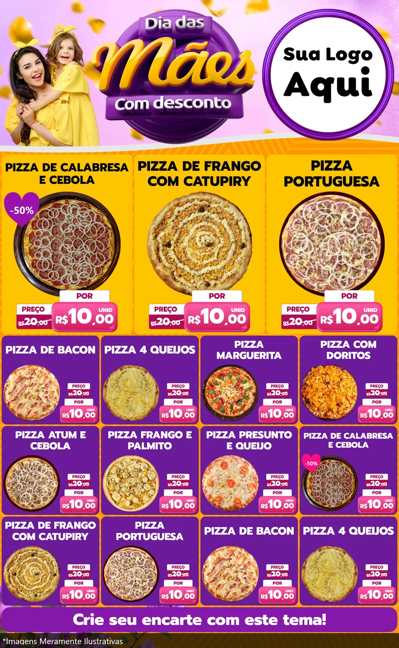 Modelo de Encarte para Encarte Grande com o tema Dia das Mães com Desconto para Pizzaria