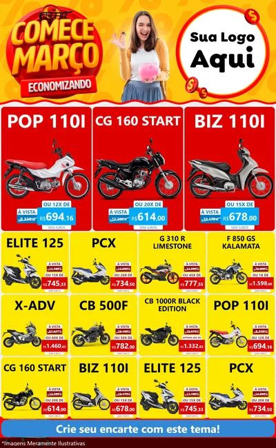Modelo de Encarte para Encarte Grande com o tema Comece Março Economizando para Concessionaria de Motos