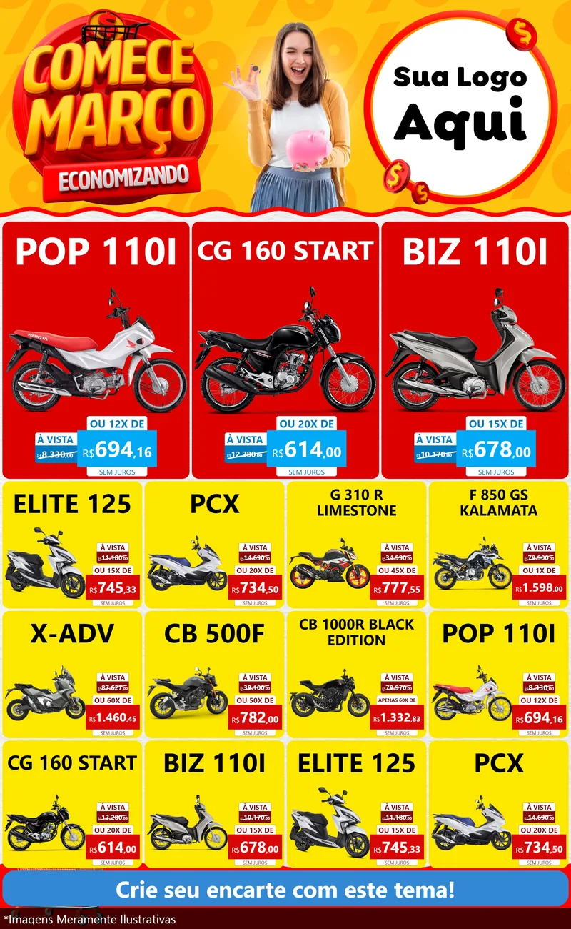 Modelo de Encarte para Encarte Grande com o tema Comece Março Economizando para Concessionaria de Motos
