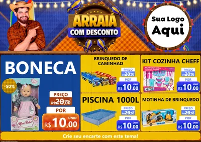 Modelo de Encarte para Encarte A4 Horizontal com o tema Arraiá Com Desconto para Brinquedos