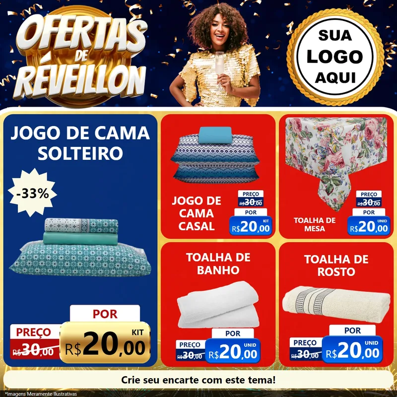 Modelo de Rede Social para Feed Facebook com o tema Ofertas de Réveillon para Cama, Mesa e Banho