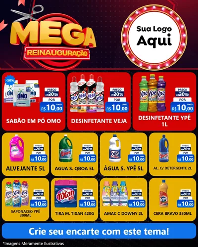 Modelo de Rede Social para Feed Instagram com o tema Mega Reinauguração para Produtos de Limpeza