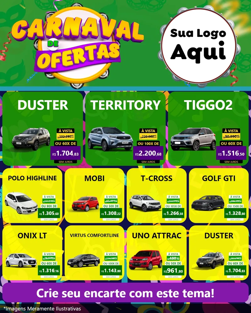 Modelo de Rede Social para Feed Instagram com o tema Carnaval de Ofertas para Concessionaria de Carros