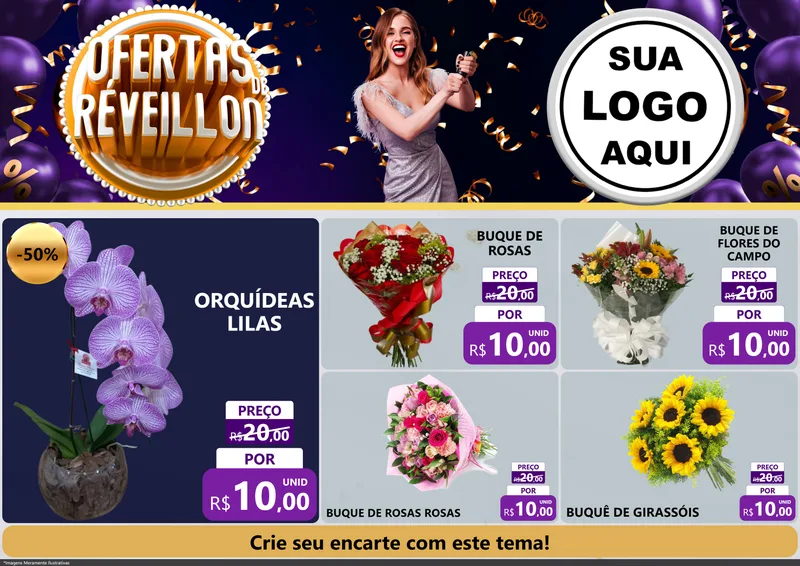 Modelo de Encarte para Encarte A4 Horizontal com o tema Ofertas de Réveillon para Floricultura e jardim
