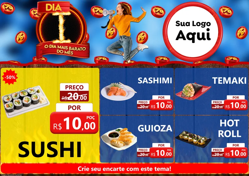 Modelo de Encarte para Encarte A4 Horizontal com o tema Dia I - O Dia Mais Barato Do Mês para Comida japonesa