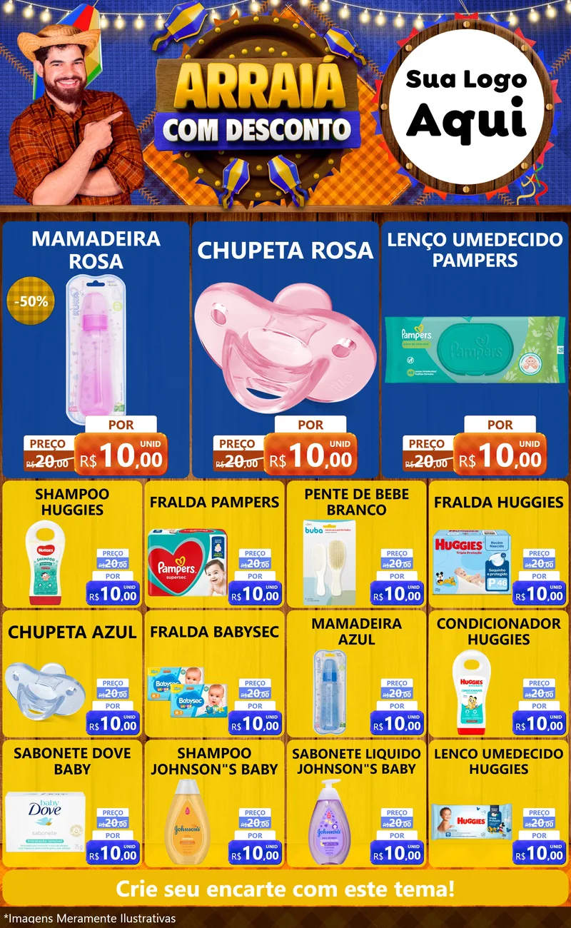 Modelo de Encarte para Encarte Grande com o tema Arraiá Com Desconto para Bebês