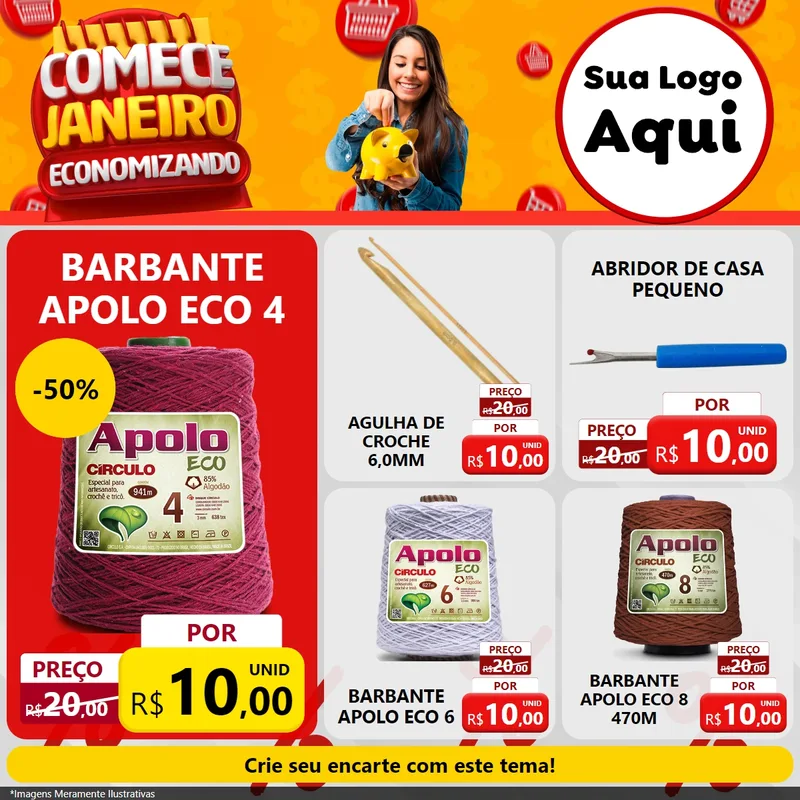 Modelo de Rede Social para Feed Facebook com o tema Comece Janeiro Economizando para Armarinho e Aviamentos