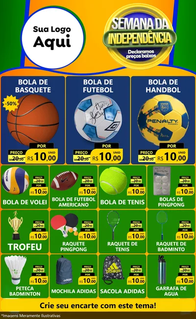 Modelo de Encarte para Encarte Grande com o tema Semana da Independência Declaramos Preços Baixos para Artigos Esportivos