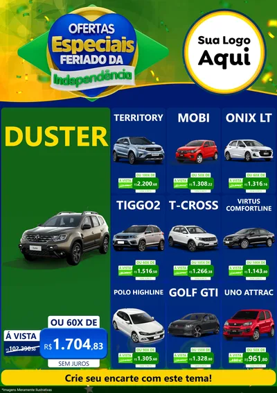 Modelo de Encarte para Encarte A4 Vertical com o tema Ofertas Especiais Feriado da Independência para Concessionaria de Carros