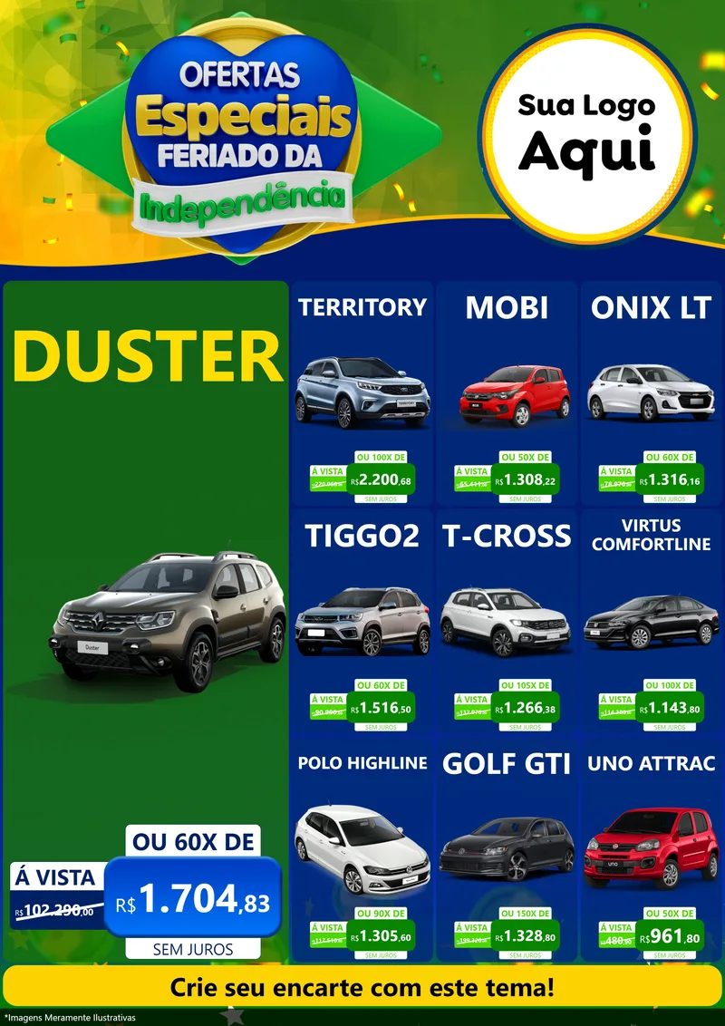 Modelo de Encarte para Encarte A4 Vertical com o tema Ofertas Especiais Feriado da Independência para Concessionaria de Carros