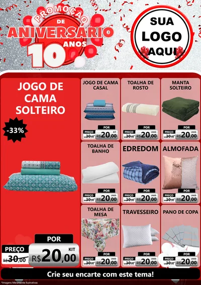 Modelo de Encarte para Encarte A4 Vertical com o tema Promoção de Aniversário - 10 Anos para Cama, Mesa e Banho