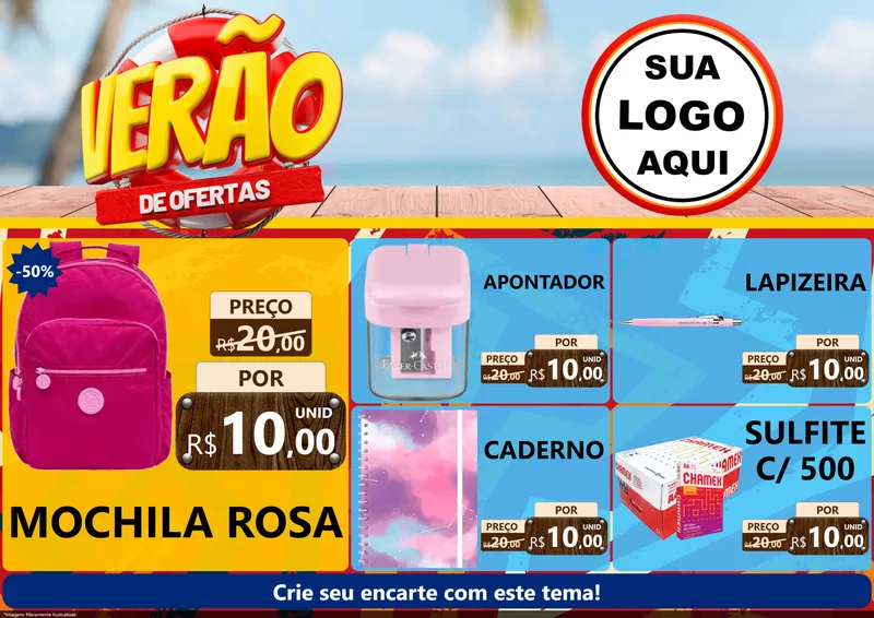 Modelo de Encarte para Encarte A4 Horizontal com o tema Verão de Ofertas para Papelaria
