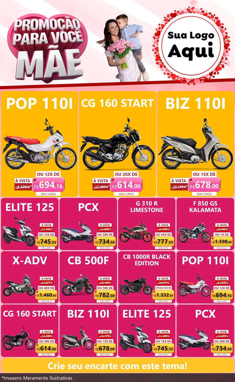 Modelo de Encarte para Encarte Grande com o tema Promoção Para Você Mãe para Concessionaria de Motos