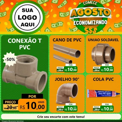 Modelo de Rede Social para Feed Facebook com o tema Comece Agosto Economizando para Tubos e conexões