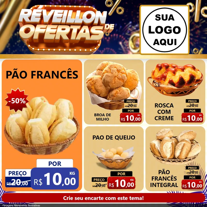 Modelo de Rede Social para Feed Facebook com o tema Réveillon de Ofertas para Padaria