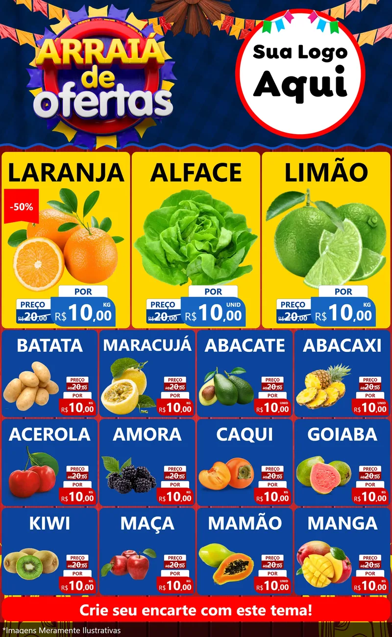 Modelo de Encarte para Encarte Grande com o tema Arraiá de Ofertas para Hortifrúti