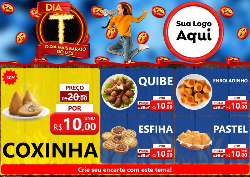 Modelo de Encarte para Encarte A4 Horizontal com o tema Dia T - O Dia Mais Barato Do Mês para Salgadaria