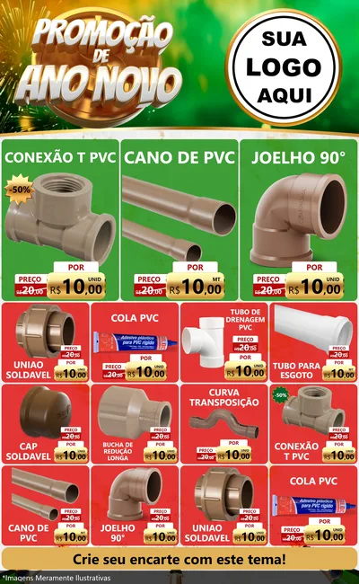 Modelo de Encarte para Encarte Grande com o tema Promoção de Ano Novo para Tubos e conexões