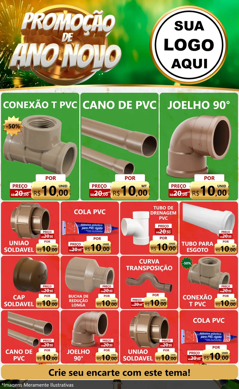 Modelo de Encarte para Encarte Grande com o tema Promoção de Ano Novo para Tubos e conexões