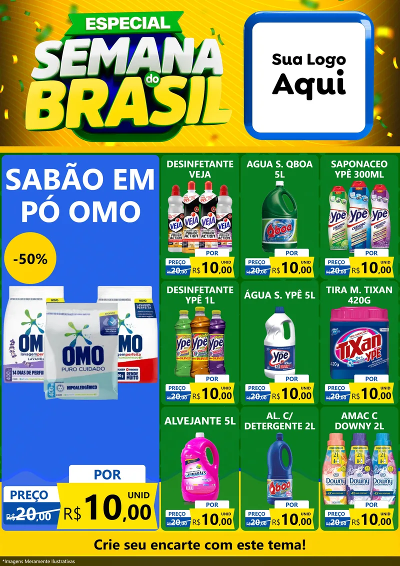 Modelo de Encarte para Encarte A4 Vertical com o tema Especial Semana do Brasil para Produtos de Limpeza