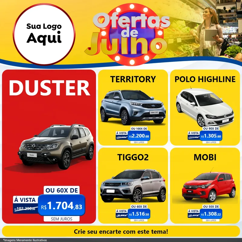 Modelo de Rede Social para Feed Facebook com o tema Ofertas de Julho para Concessionaria de Carros