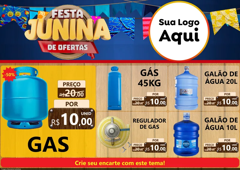 Modelo de Encarte para Encarte A4 Horizontal com o tema Festa Junina de Ofertas para Água e gás