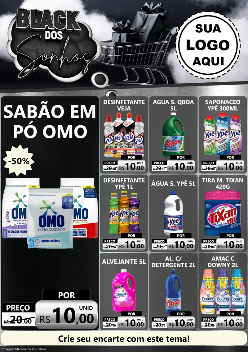 Modelo de Encarte para Encarte A4 Vertical com o tema Black dos Sonhos para Produtos de Limpeza
