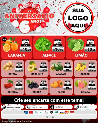 Modelo de Rede Social para Feed Instagram com o tema Promoção de Aniversário - 6 Anos para Hortifrúti