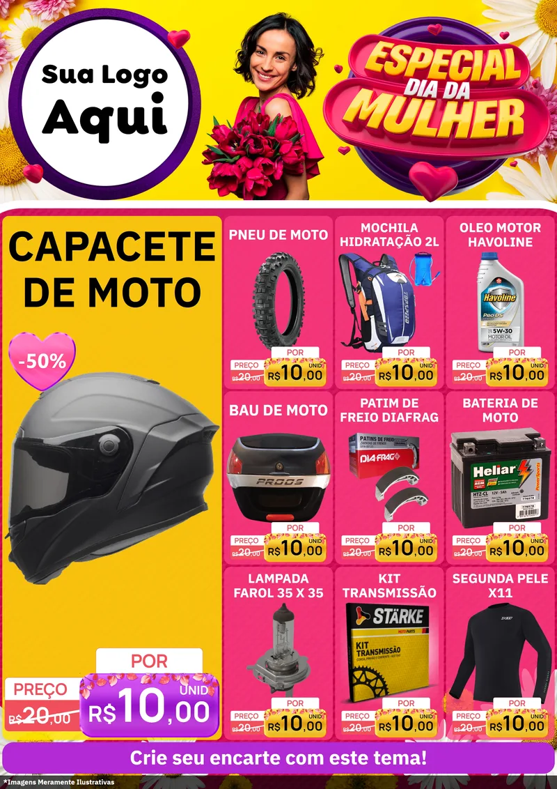 Modelo de Encarte para Encarte A4 Vertical com o tema Especial Dia da Mulher para Moto peças