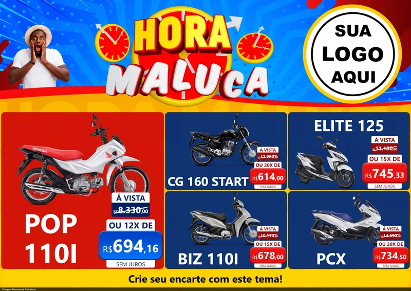 Modelo de Encarte para Encarte A4 Horizontal com o tema Hora Maluca para Concessionaria de Motos