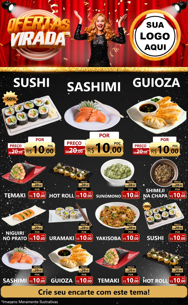 Modelo de Encarte para Encarte Grande com o tema Ofertas da Virada para Comida japonesa