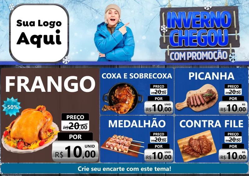Modelo de Encarte para Encarte A4 Horizontal com o tema Inverno Chegou Com Promoção para Assados