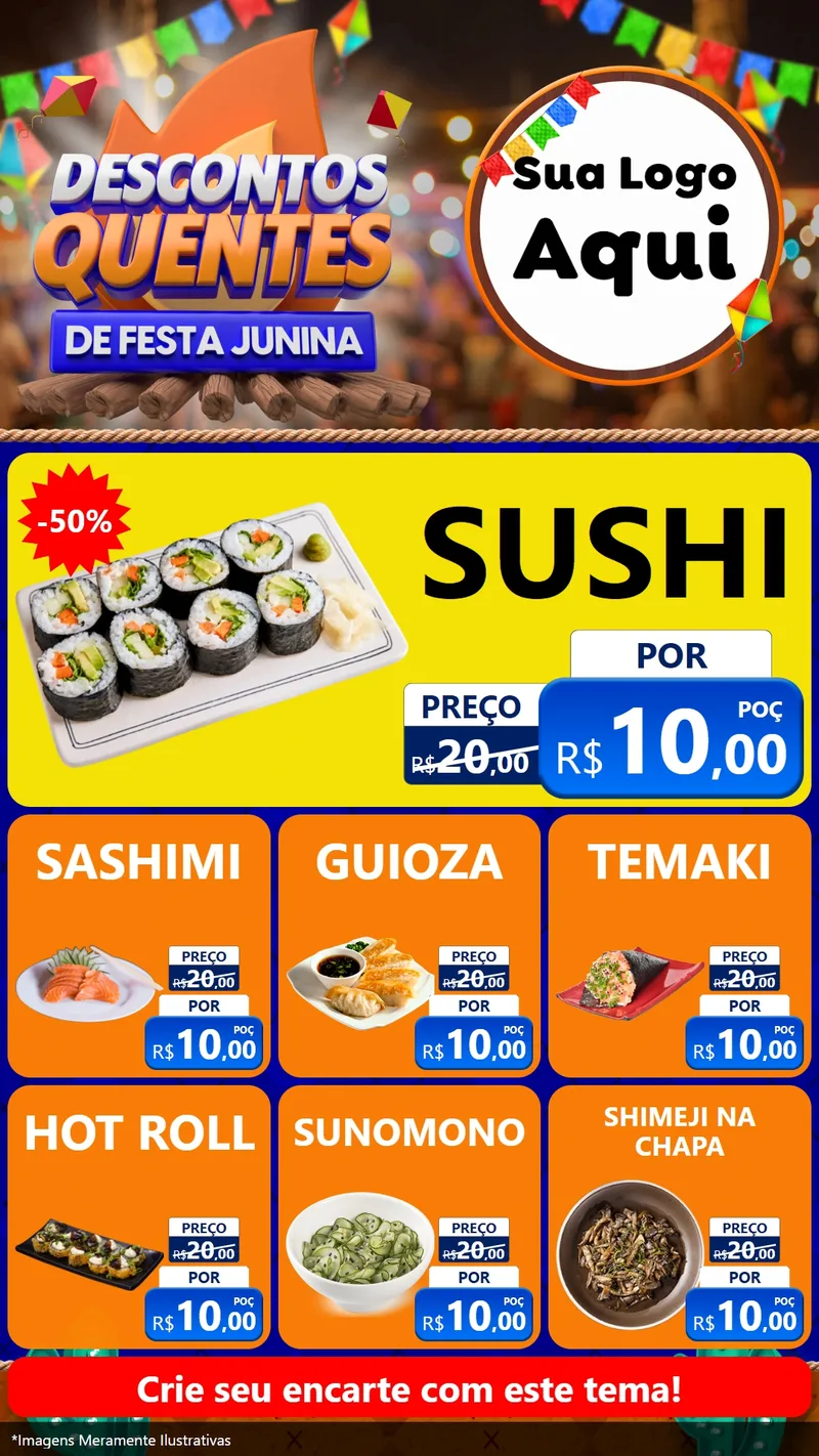 Modelo de Rede Social para Stories com o tema Descontos Quentes de Festa Junina para Comida japonesa