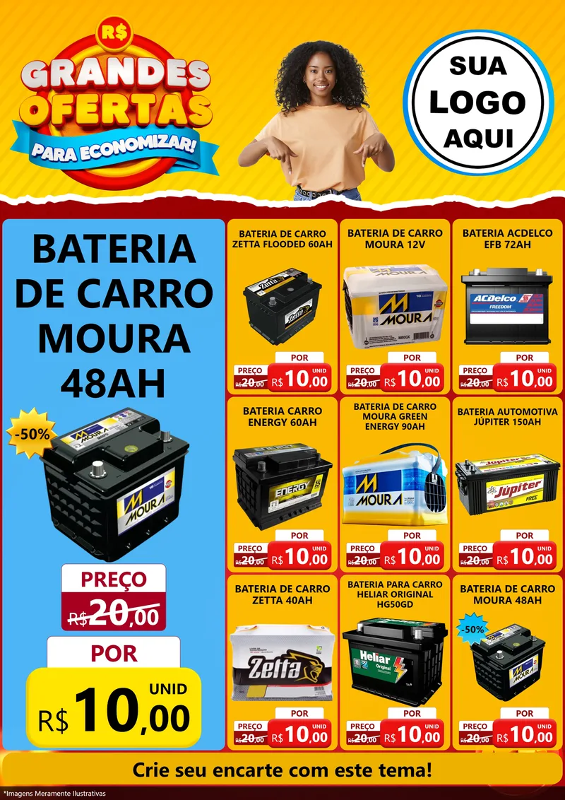 Modelo de Encarte para Encarte A4 Vertical com o tema Grandes Ofertas Para Economizar! para Baterias Elétricas