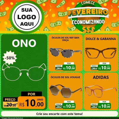 Modelo de Rede Social para Feed Facebook com o tema Comece Fevereiro Economizando para Óticas