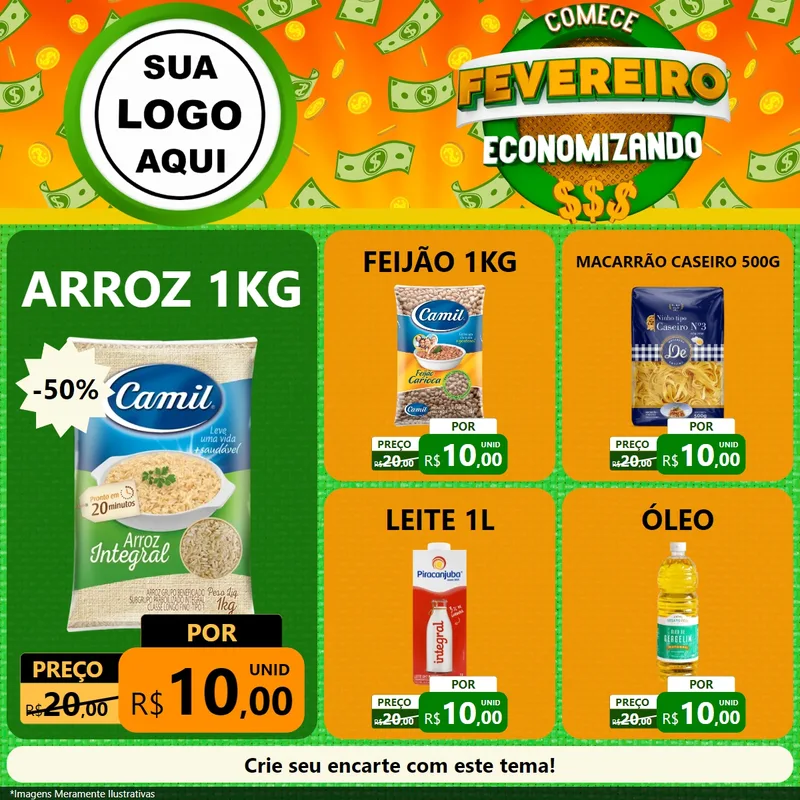 Modelo de Rede Social para Feed Facebook com o tema Comece Fevereiro Economizando para Supermercado