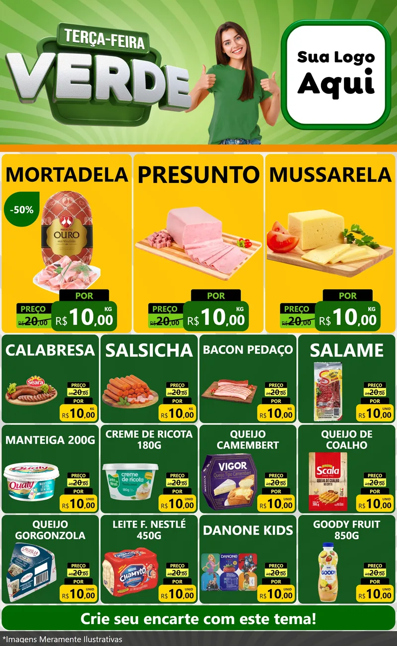 Modelo de Encarte para Encarte Grande com o tema Terça - Feira Verde para Frios e Laticínios