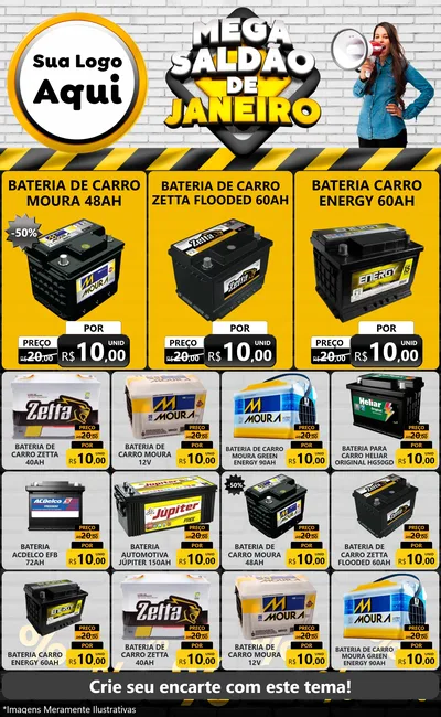 Modelo de Encarte para Encarte Grande com o tema Mega Saldão de Janeiro para Baterias Elétricas