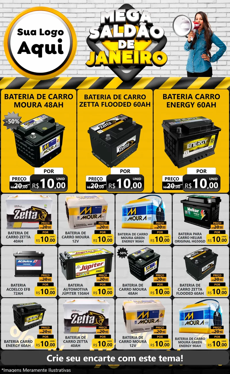 Modelo de Encarte para Encarte Grande com o tema Mega Saldão de Janeiro para Baterias Elétricas