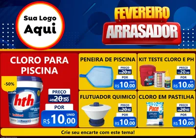 Modelo de Encarte para Encarte A4 Horizontal com o tema Fevereiro Arrasador para Produtos para Piscina