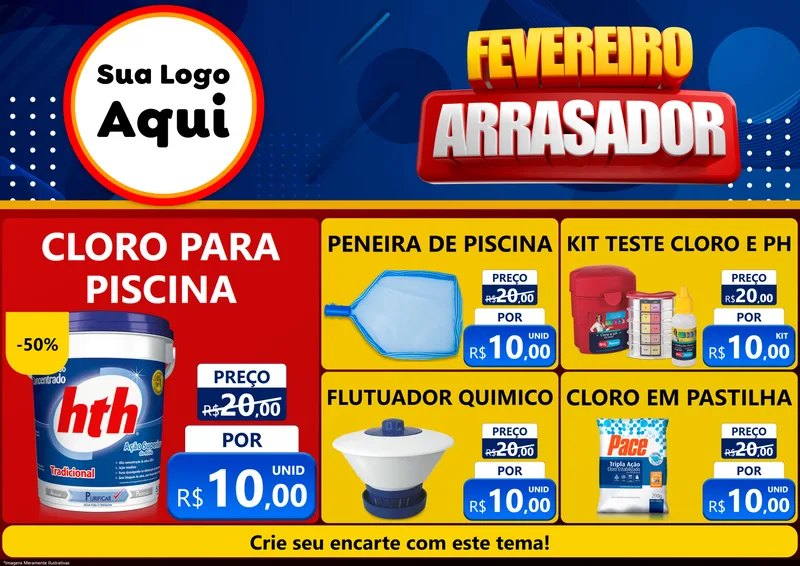 Modelo de Encarte para Encarte A4 Horizontal com o tema Fevereiro Arrasador para Produtos para Piscina
