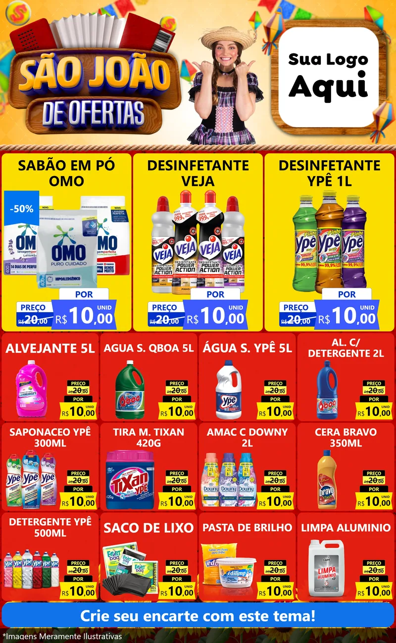 Modelo de Encarte para Encarte Grande com o tema São João de Ofertas para Produtos de Limpeza
