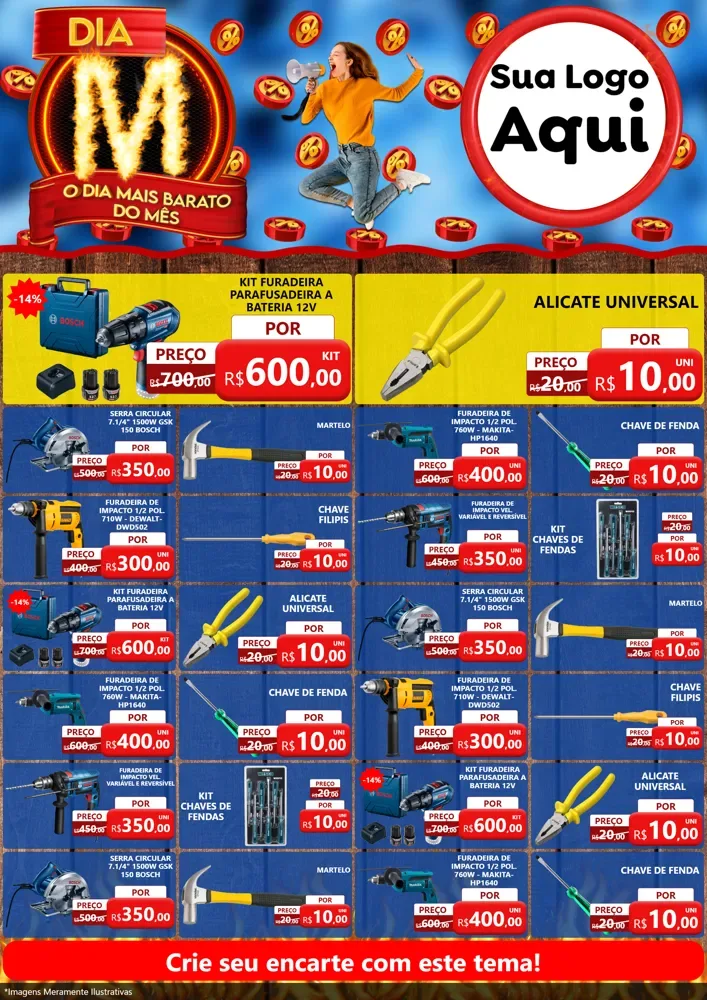 Modelo de Encarte para Encarte A4 Vertical com o tema Dia M - O Dia Mais Barato Do Mês para Maquinas e Ferramentas