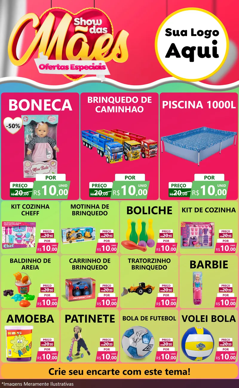 Modelo de Encarte para Encarte Grande com o tema Show das Mães - Ofertas Especiais para Brinquedos