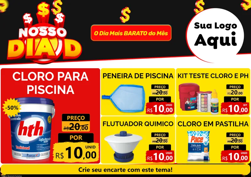 Modelo de Encarte para Encarte A4 Horizontal com o tema Nosso Dia D para Produtos para Piscina