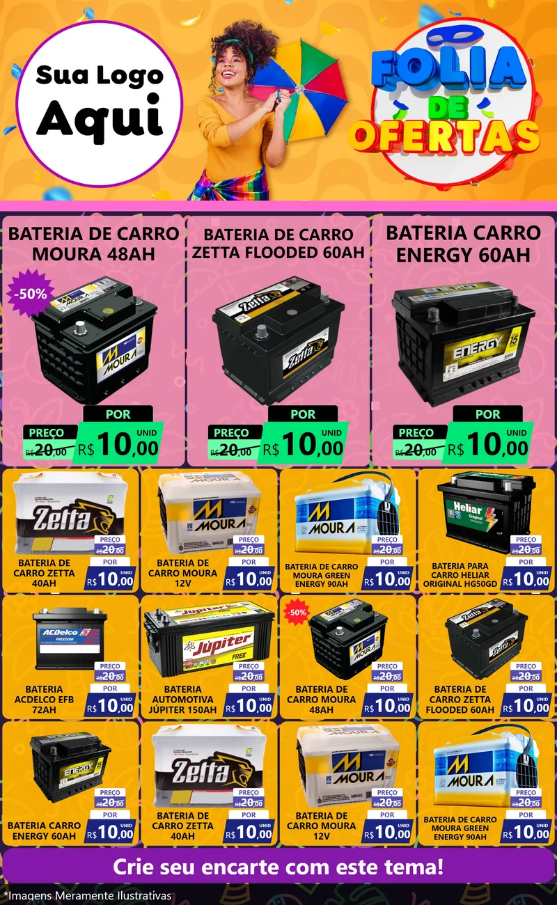 Modelo de Encarte para Encarte Grande com o tema Folia de Ofertas para Baterias Elétricas